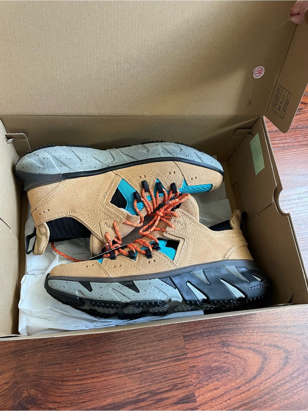 Mark Nason Tan Suede Athletic Sneakers with Teal and Orange Accents